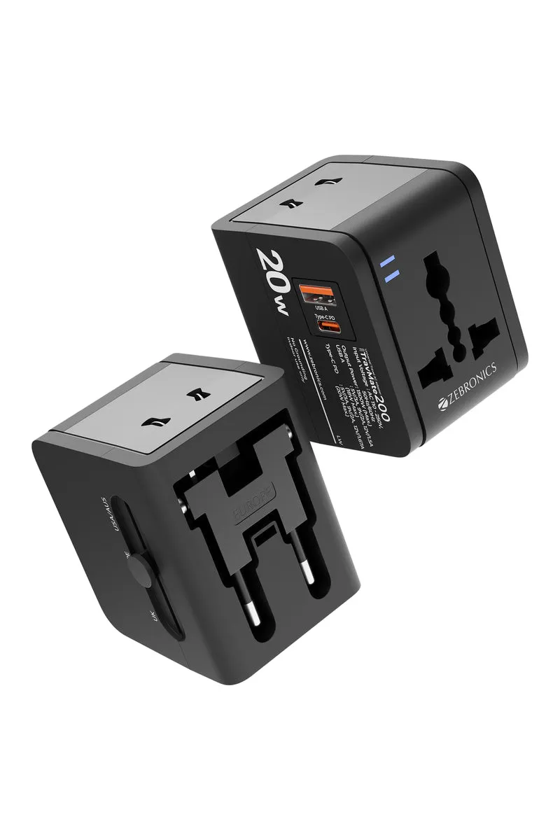 Zebronics TravMate 200 All-in-One Universal Power Socket with USB A and Type-C USB Ports, Swappable Pins EU|UK|US|AU (Black)