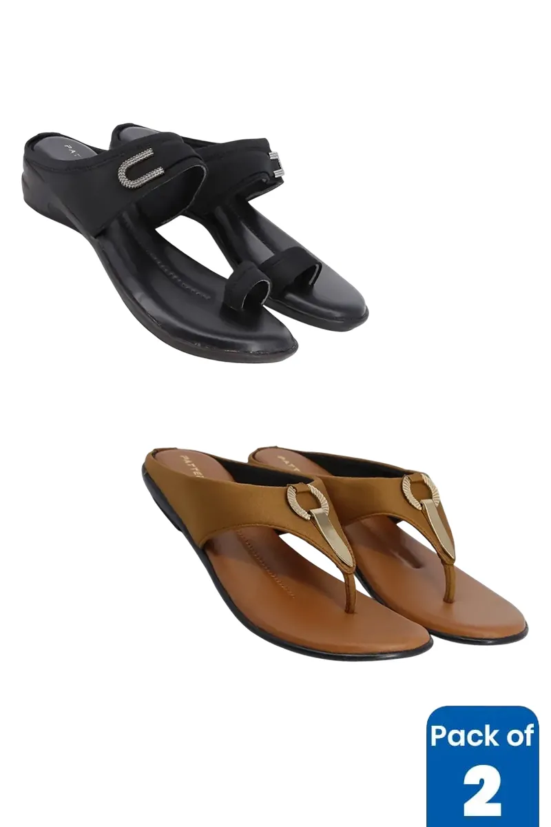 Stylish Block & Flat Heel Slippers Combo - Pack of 2