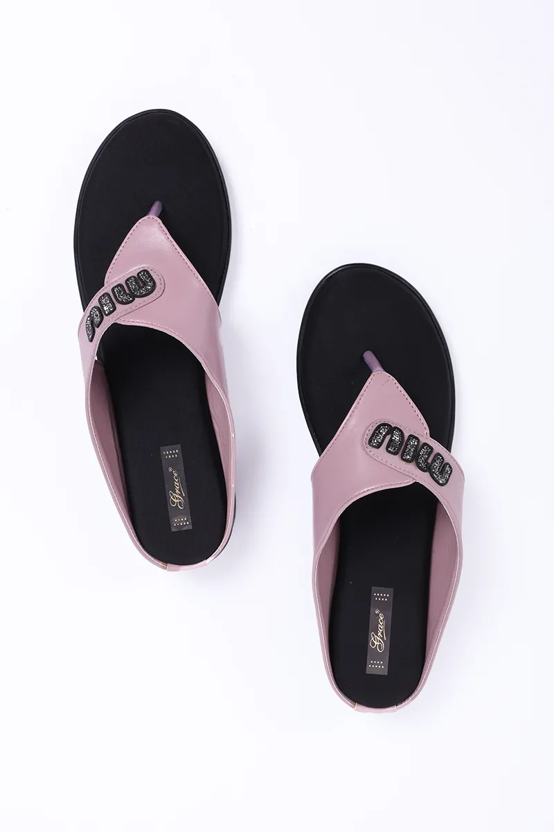Slip-On Wedge Slippers with Glitter Strap for Women
