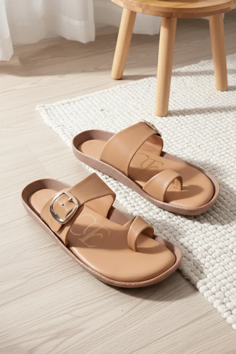 Flat Slippers with Buckle Strap & Toe Loop for Women FWS000012TAN38