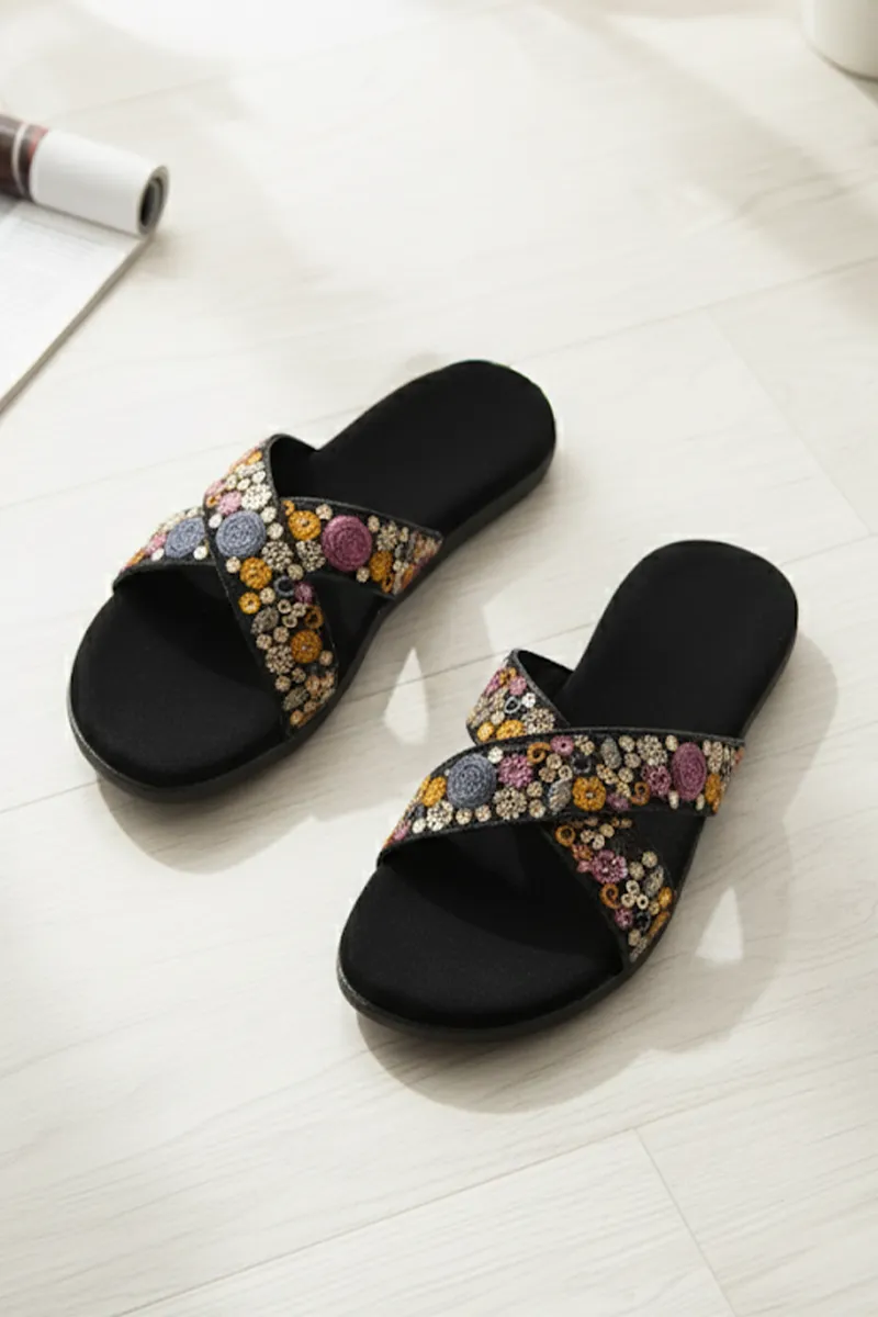 Embroidered Cross Strap Slip-On Slippers for Women FWS000014BLK38