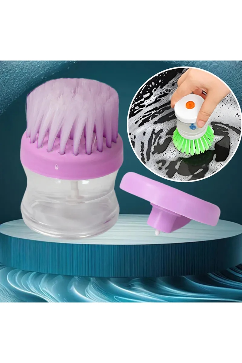 Plastic & Nylon Cleaner Brush with Liquid Soap Dispenser, Purple - 4x6 Cm 