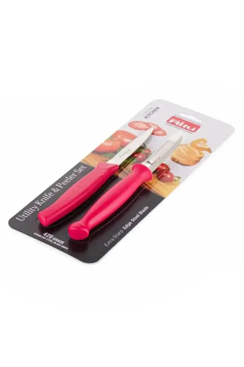 Ritu Plastic & Stainless Steel Utility Knife & Peeler Lazor Set, Pink - 17 Cm