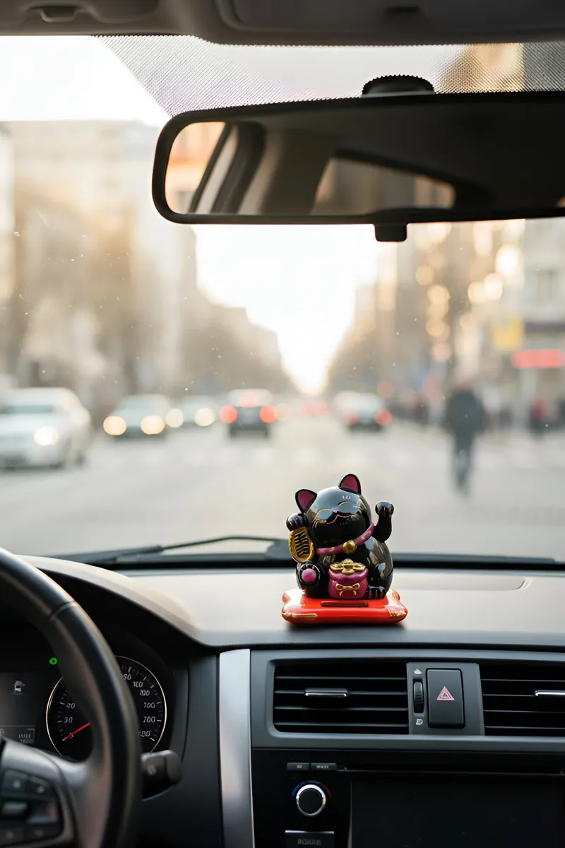 Solar Powered Happy Cat Beautiful with Arm Waves for Car Decoration, Office Decoration (Navy Blue)