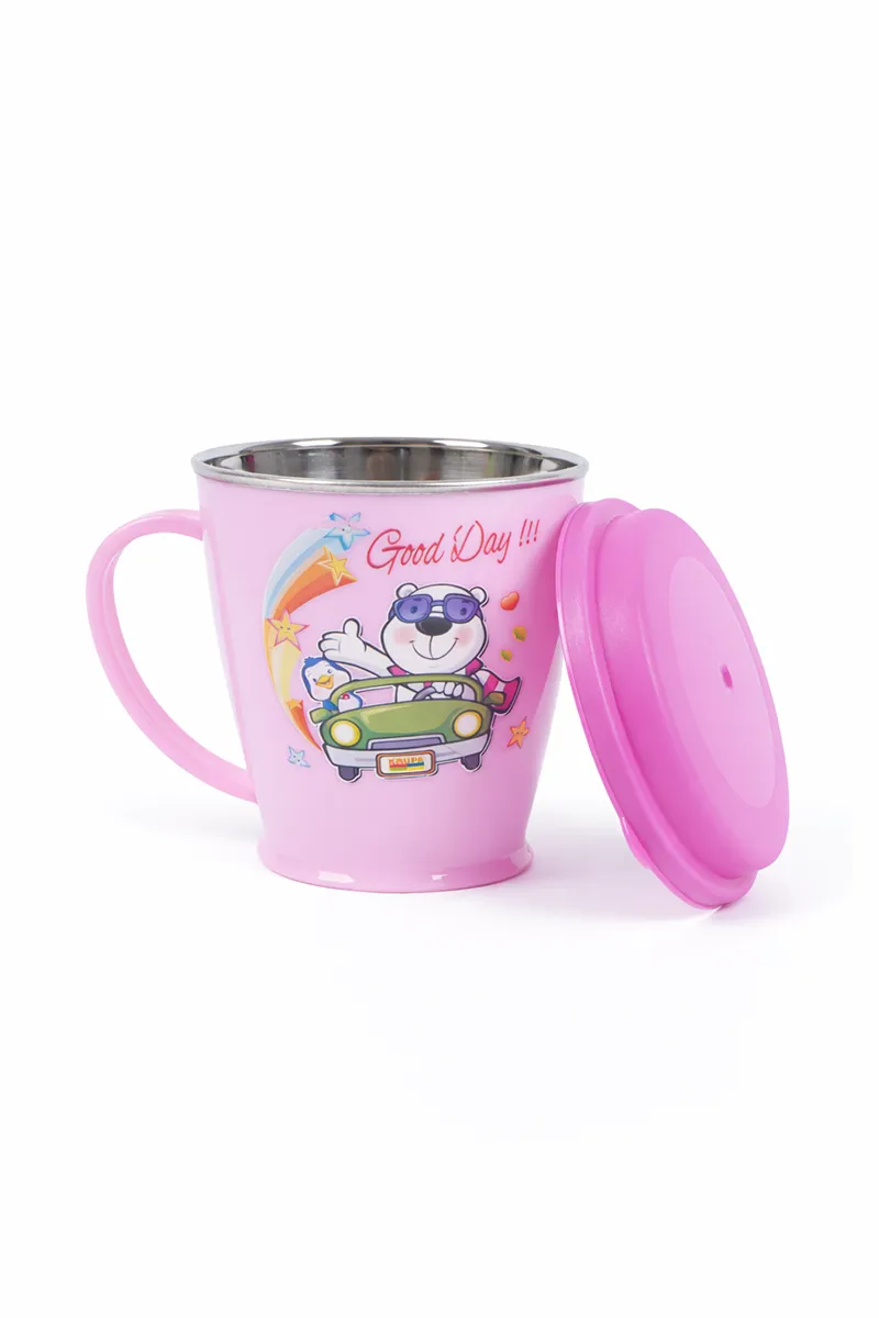 Plastic & Stainless Steel Cup with Lid, Pink - 225 ML 