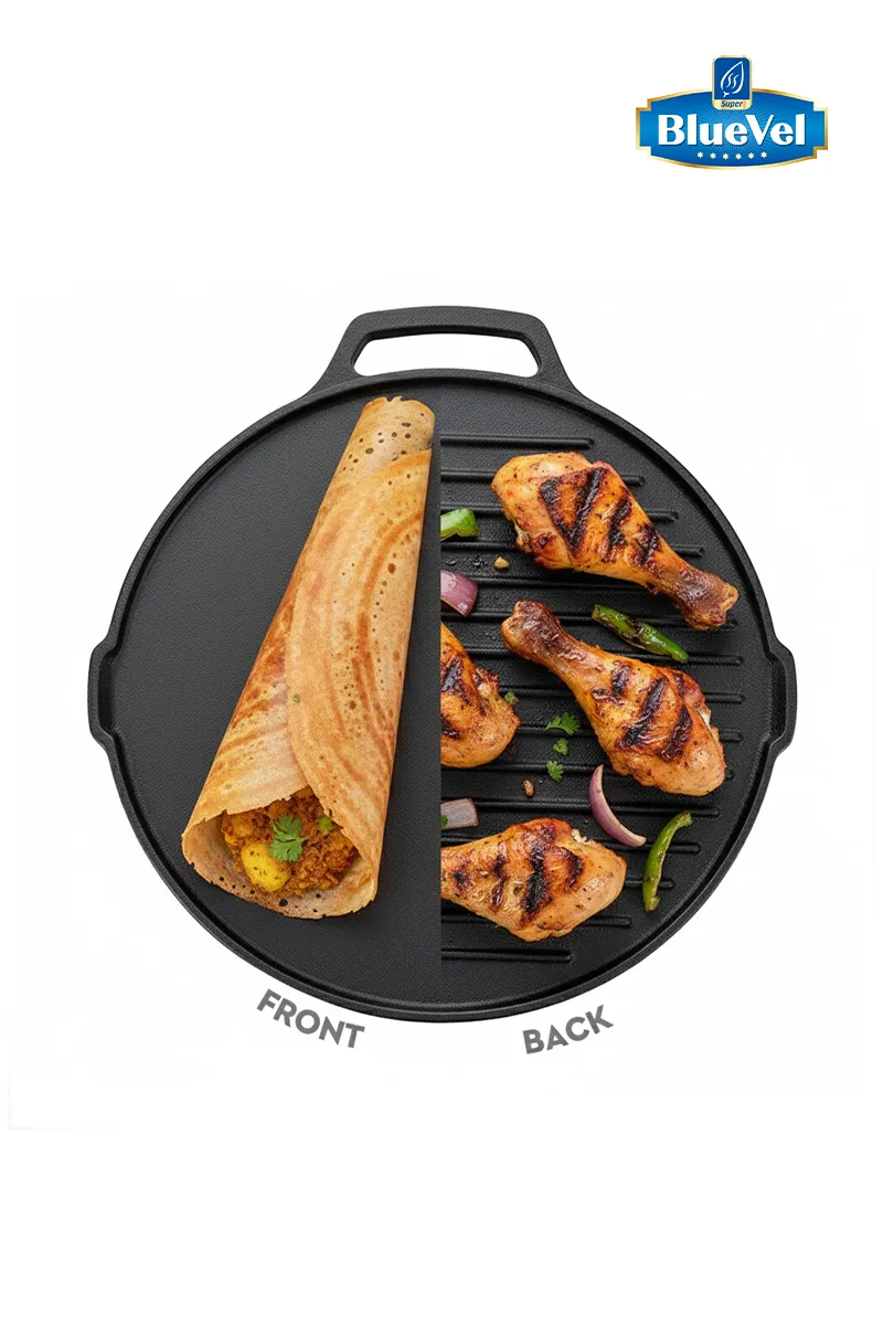 Bluevel Cast Iron Dosa & Griddle Tawa, 10 Inch / 25.5 Cm, 2.2 Kg, Pre-Seasoned, Naturally Nonstick, 100% Pure, Toxin-Free, 2.2kg
