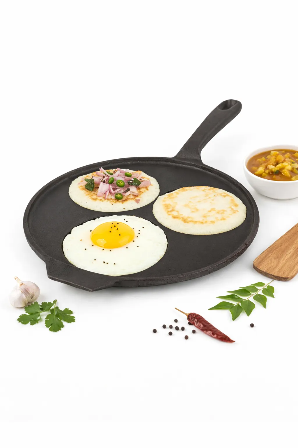 Bluevel Cast Iron Uttapam Uttapam/Set Dosa Tawa, 9 Inch/ 23 Cm, 3 Pit, Pre-seasoned, 100% Pure & Toxin-free, Induction, Naturally Non-stick, 2 Kg