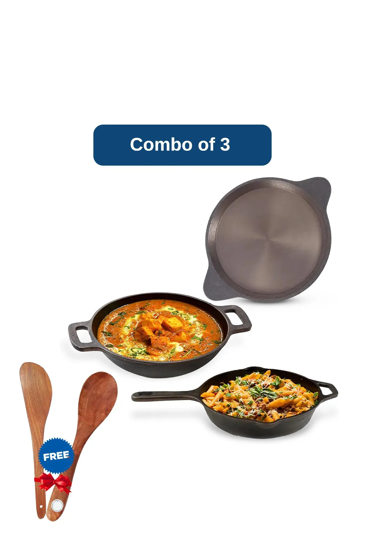 Bluevel Cast Iron Pre-Seasoned Kadai, Skillet and Frypan Set with Free Ladles - Combo of 3