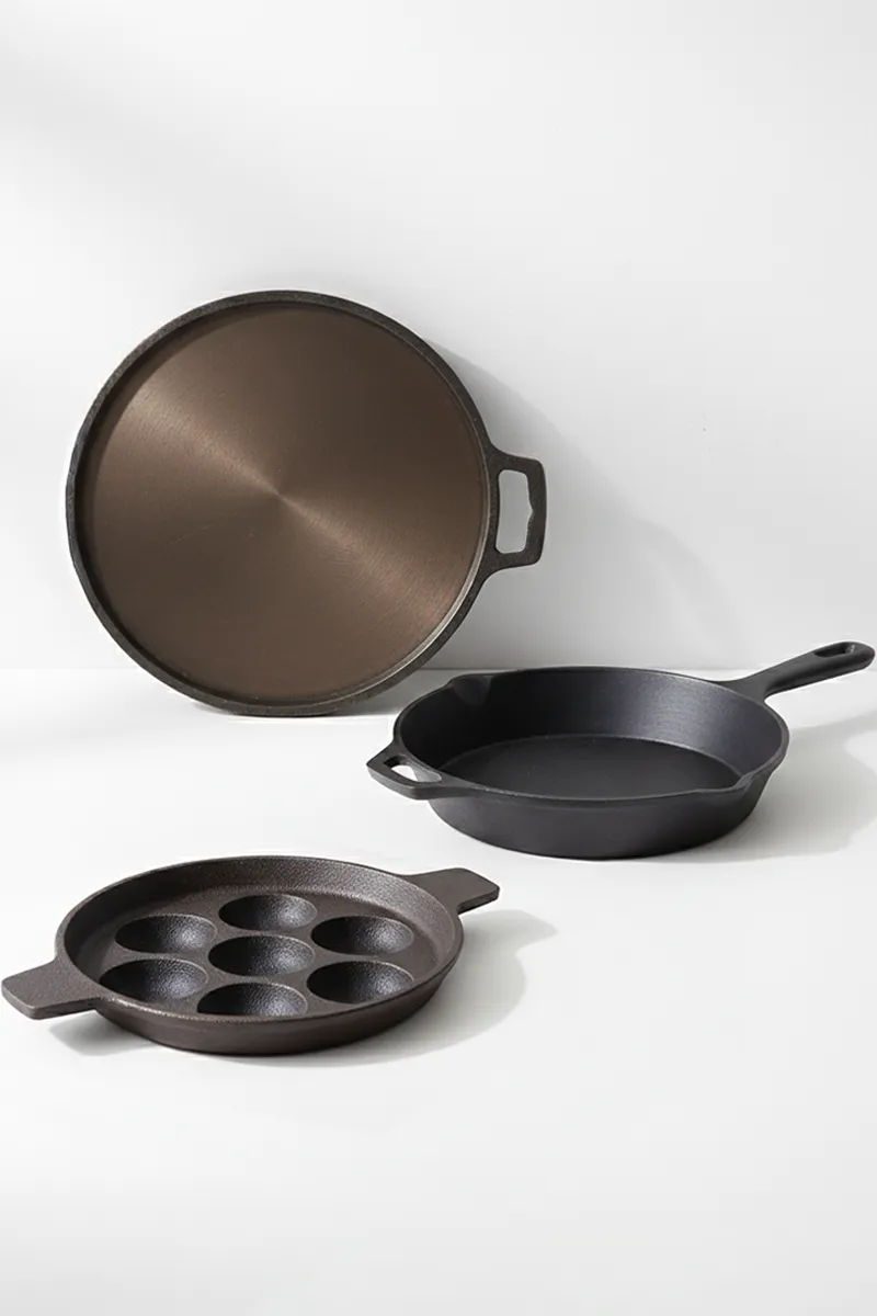Bluevel Cast Iron Paniyaram Pan, Skillet and Tawa - Combo of 3