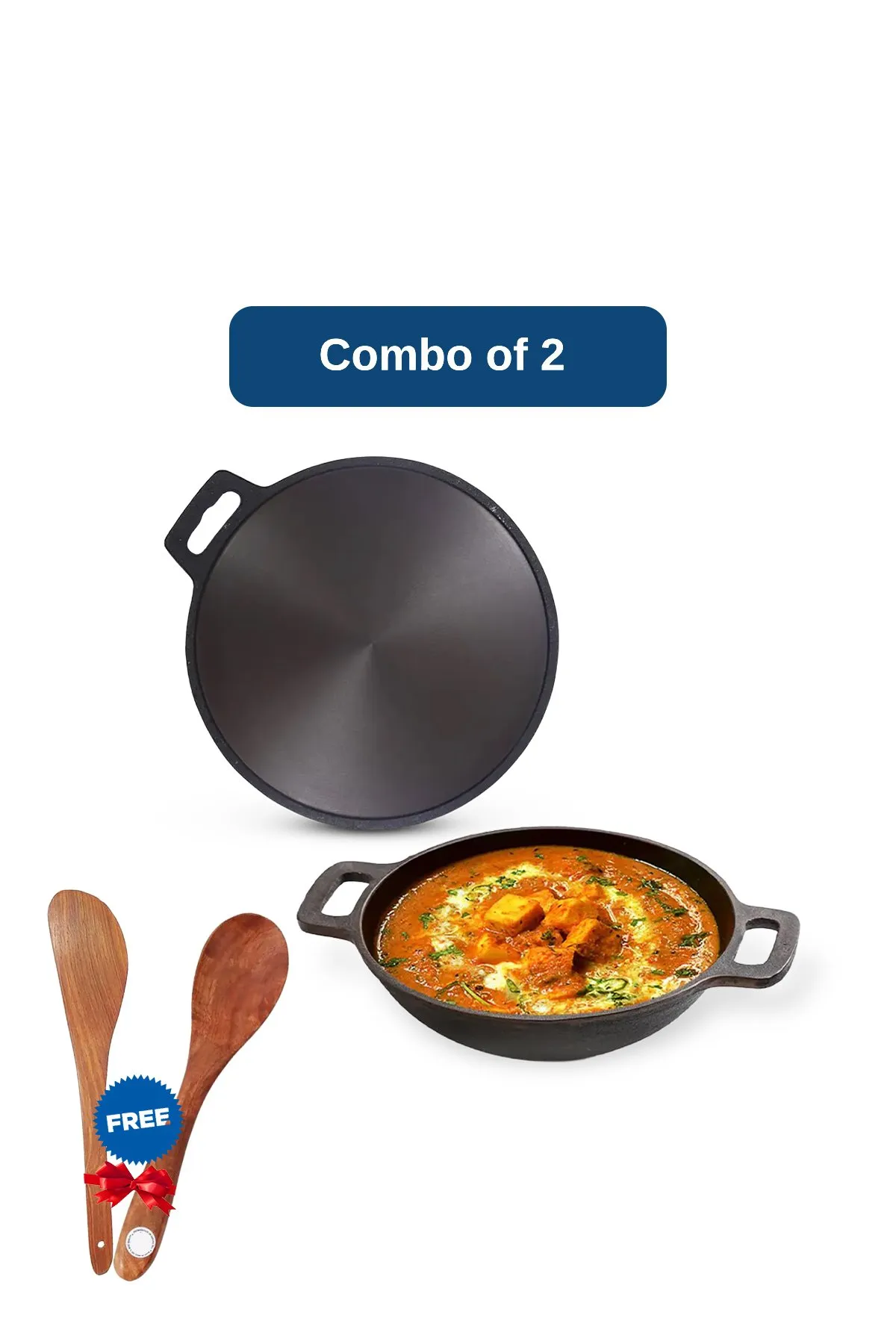 Bluevel Cast Iron Pre-Seasoned Tawa and Kadai Set with Free Ladles - Combo of 2