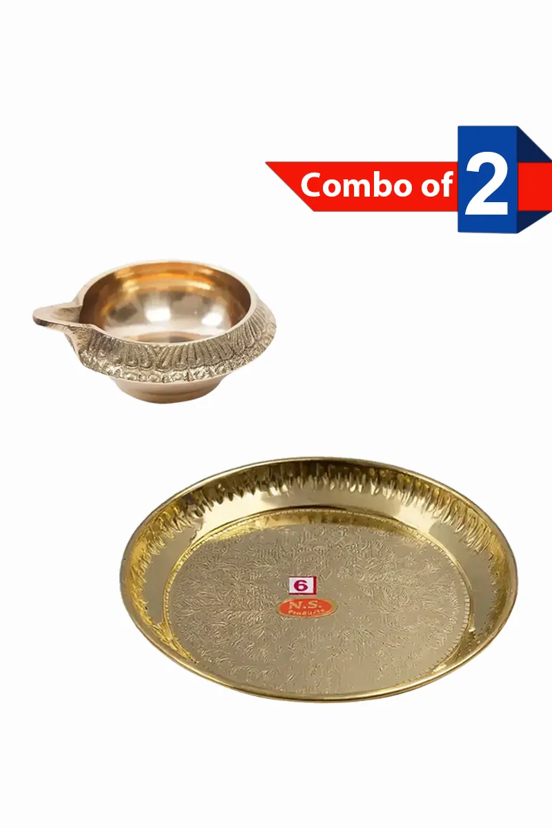 Brass Pooja Plate & Kubera Vilakku, Gold - Combo of 2