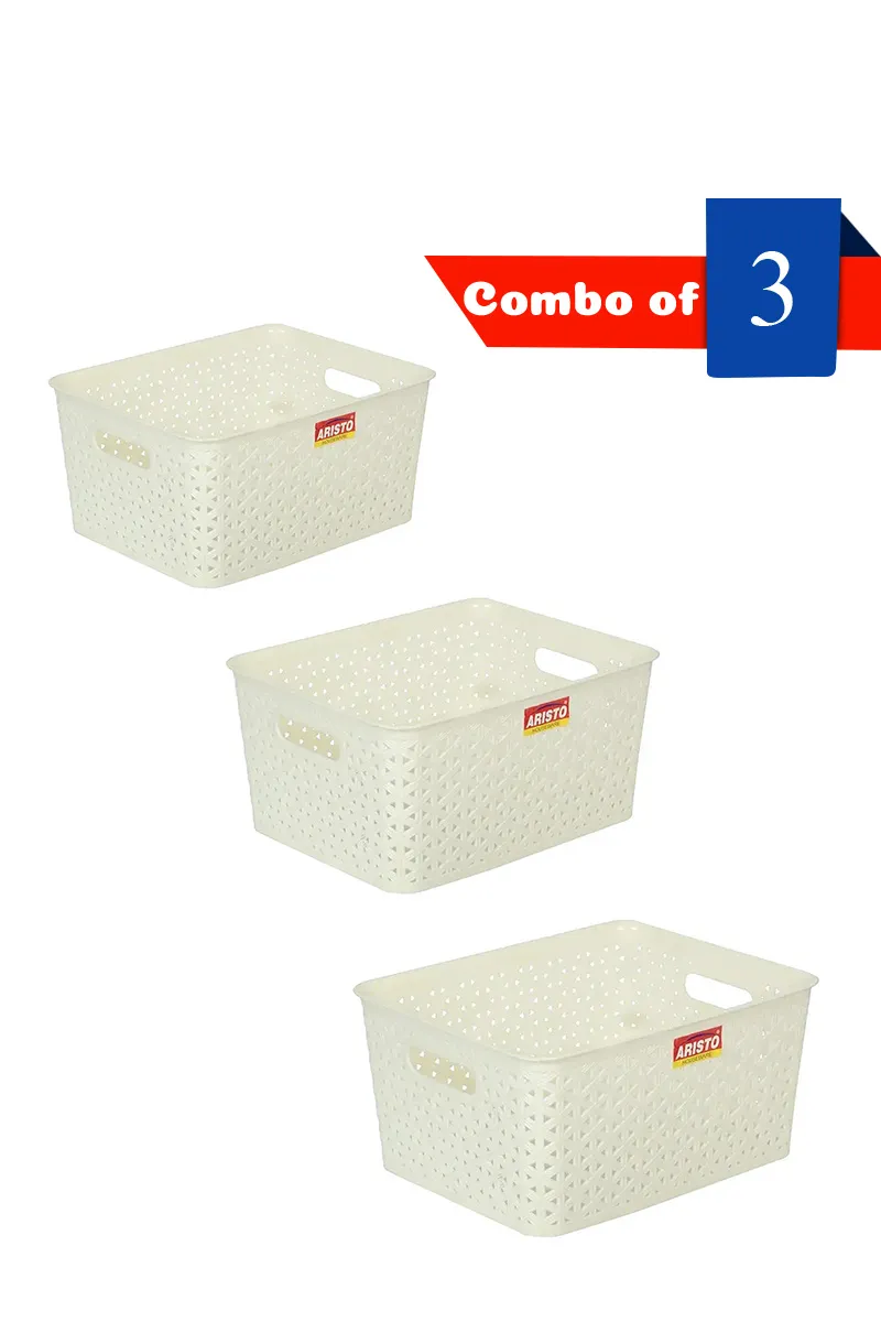 Aristo Plastic Multiuse Basket, Cream - Combo of 3