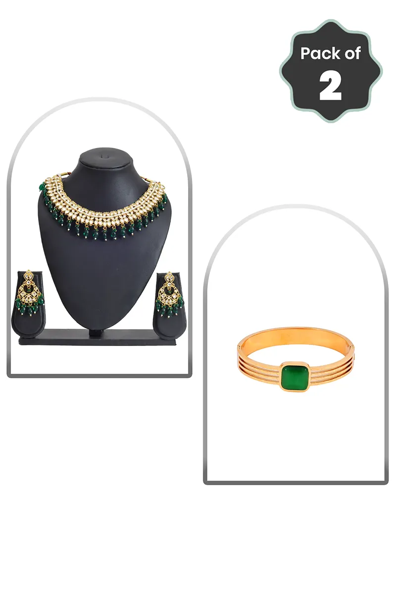 Kundan Pearl Necklace & Green Stone Cuff Bangle for Women – Combo of 2