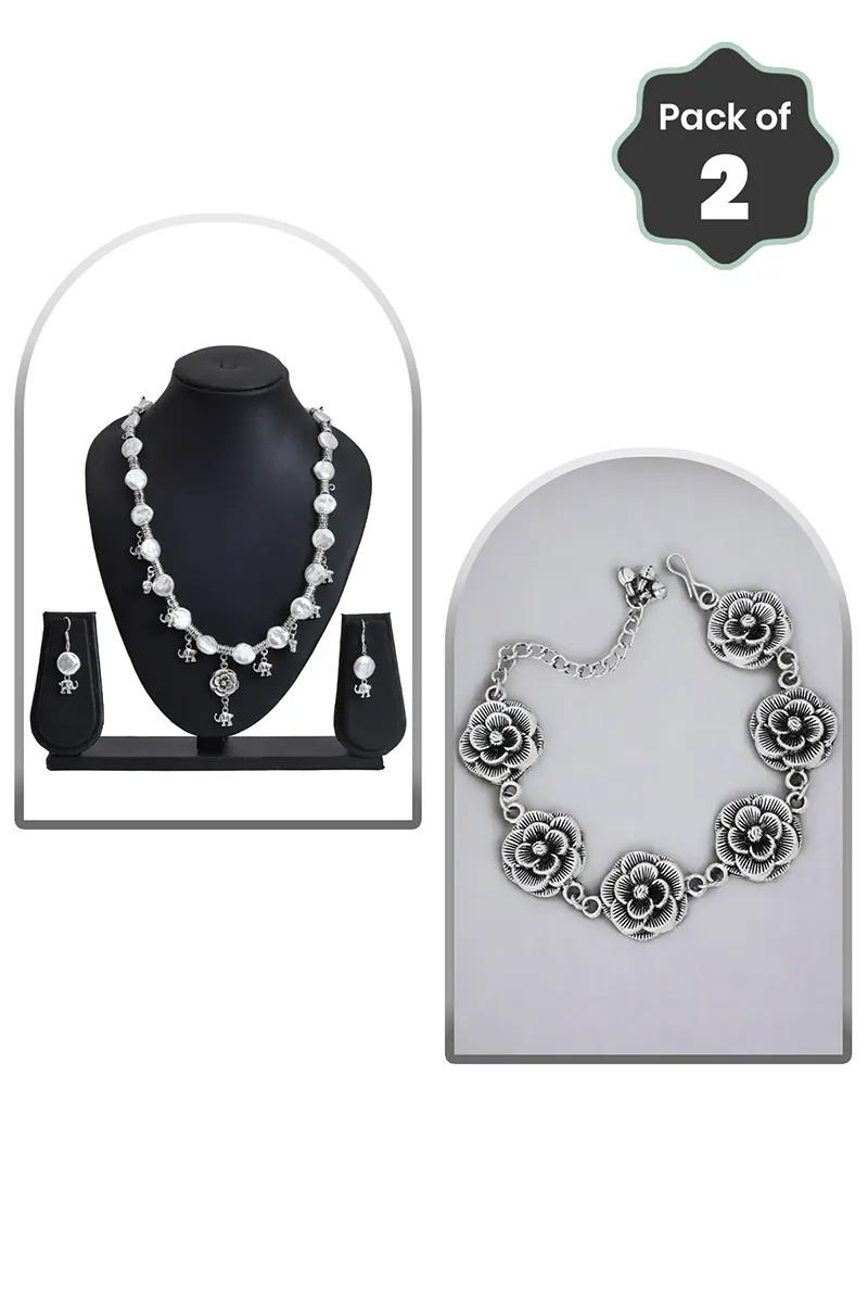 Elephant Necklace & Floral Bracelet for Women – Combo of 2