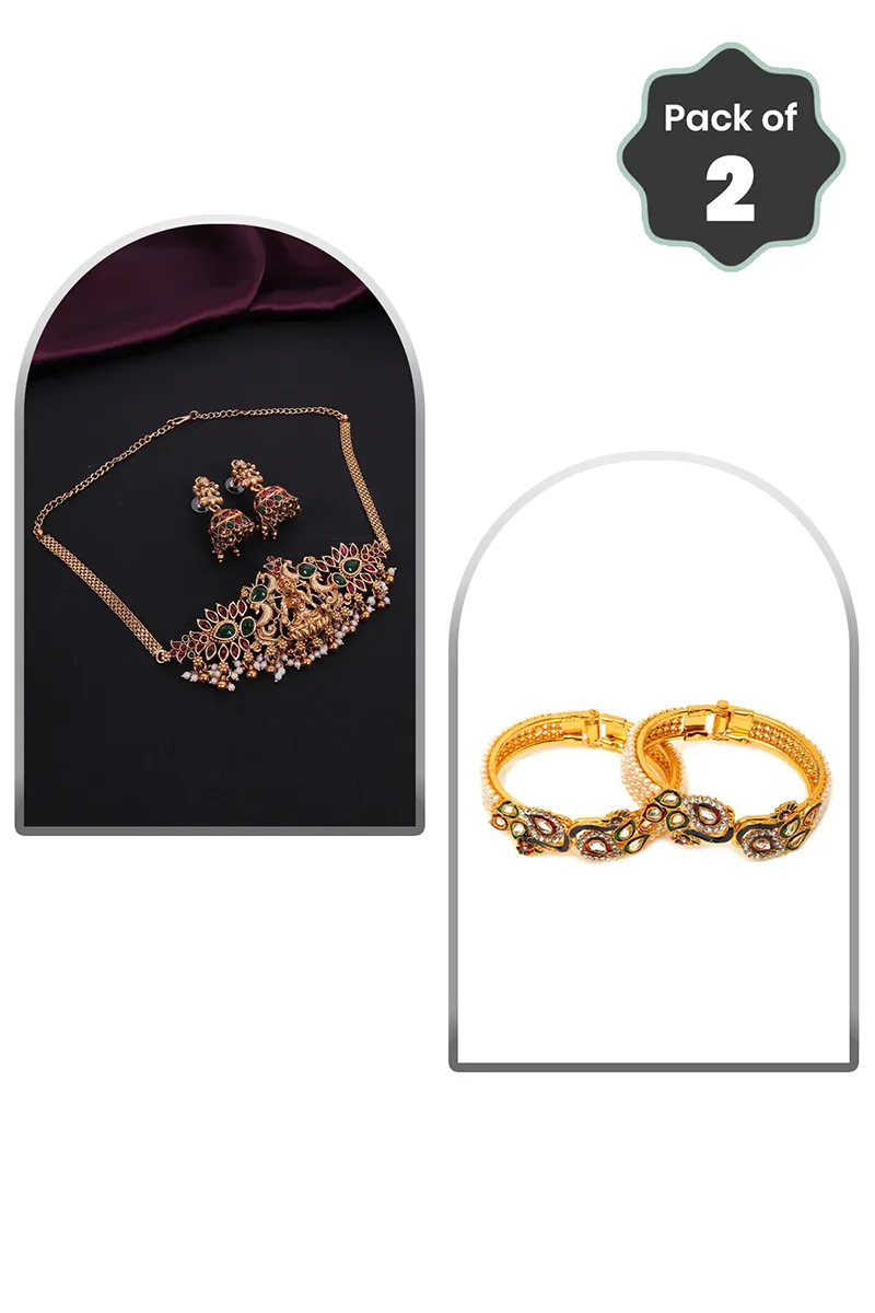 Lakshmi Peacock Necklace & Bangle for Women - Combo of 2