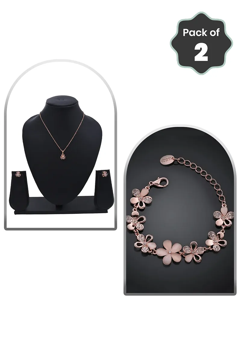 Rose Gold Floral Necklace & Bracelet for Women - Combo of 2