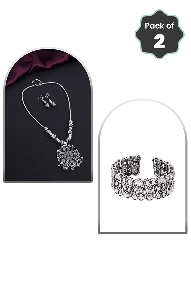 Floral Necklace & Adjustable Bracelet for Women - Combo of 2 JWCOMBO0012SIL
