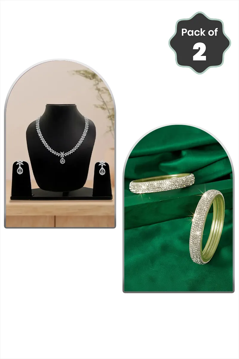 Rhodium Floral Necklace & Glass Stone Broad Bangles - Combo of 2