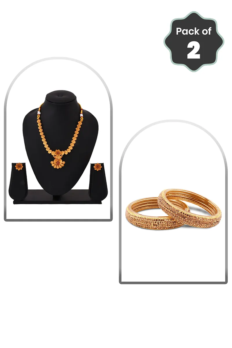 Floral Necklace & Glass Broad Bangle for Women - Combo of 2 JWCOMBO0016GOL28