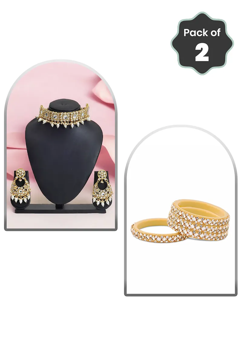 Kundan Pearl Choker & Stone-Studded Bangle for Women - Combo of 2