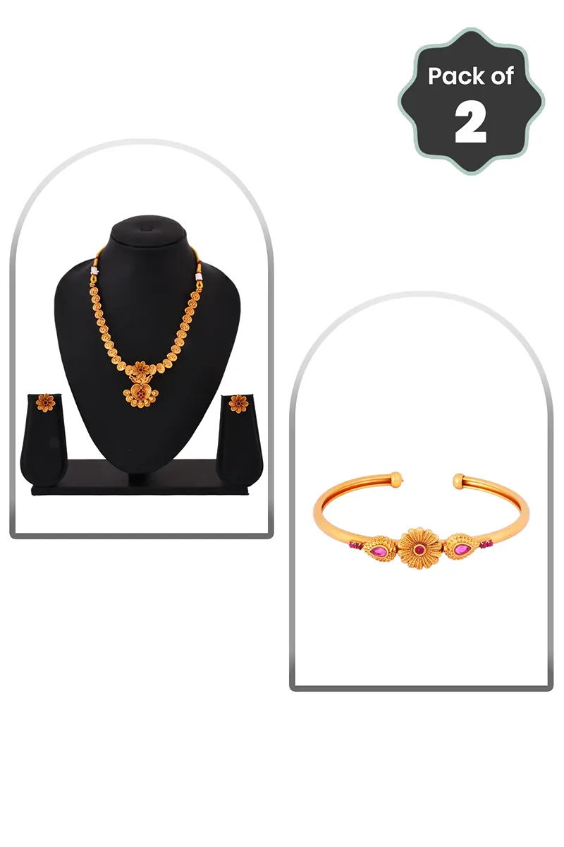 Floral Kempu Necklace & Adjustable Cuff Bracelet for Women - Combo of 2 JWCOMBO0021GOL