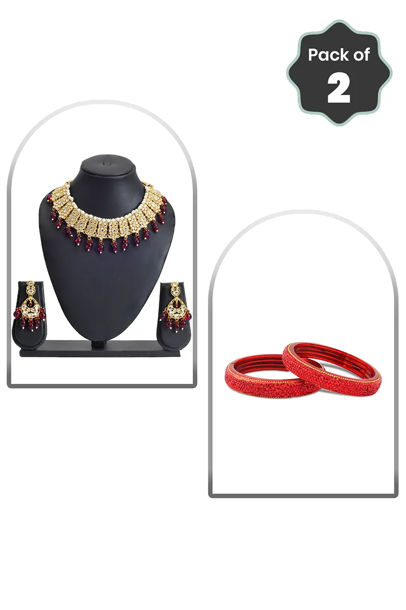 Kundan Pearl Choker & Glass Broad Bangles for Women - Combo of 2 JWCOMBO0025MUL26