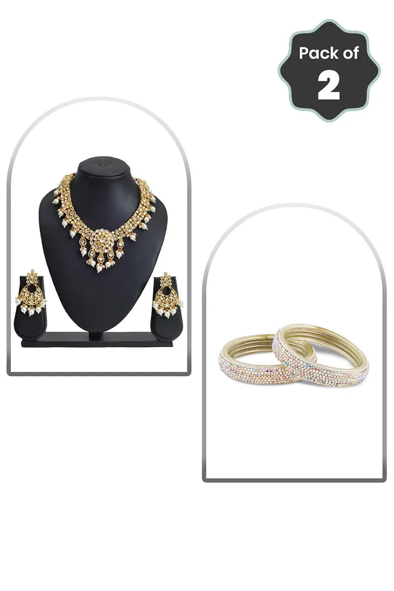 Kundan Pearl Necklace & Glass Broad Bangle for Women - Combo of 2 JWCOMBO0026GOLSIL26
