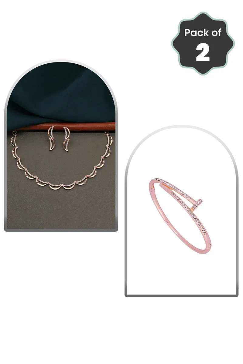 Rose Gold AD Necklace & Nail Shape Bracelet for Women - Combo of 2