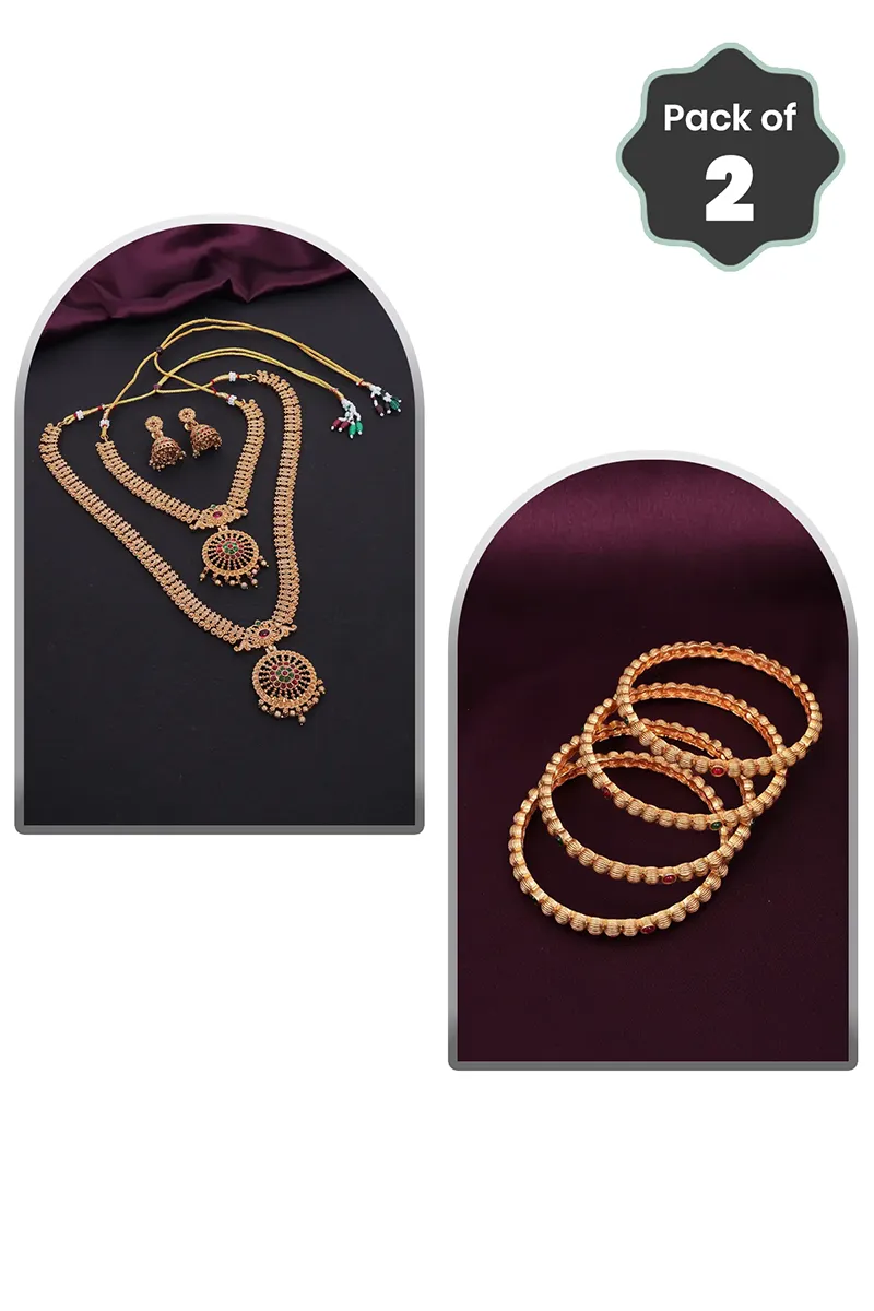Floral Short & Long Necklace & Kada Bangles for Women - Combo of 2