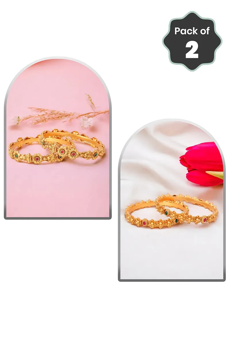 Lakshmi & Floral Matte Gold Bangles for Women - Combo of 4 JWCOMBO0037GOL28