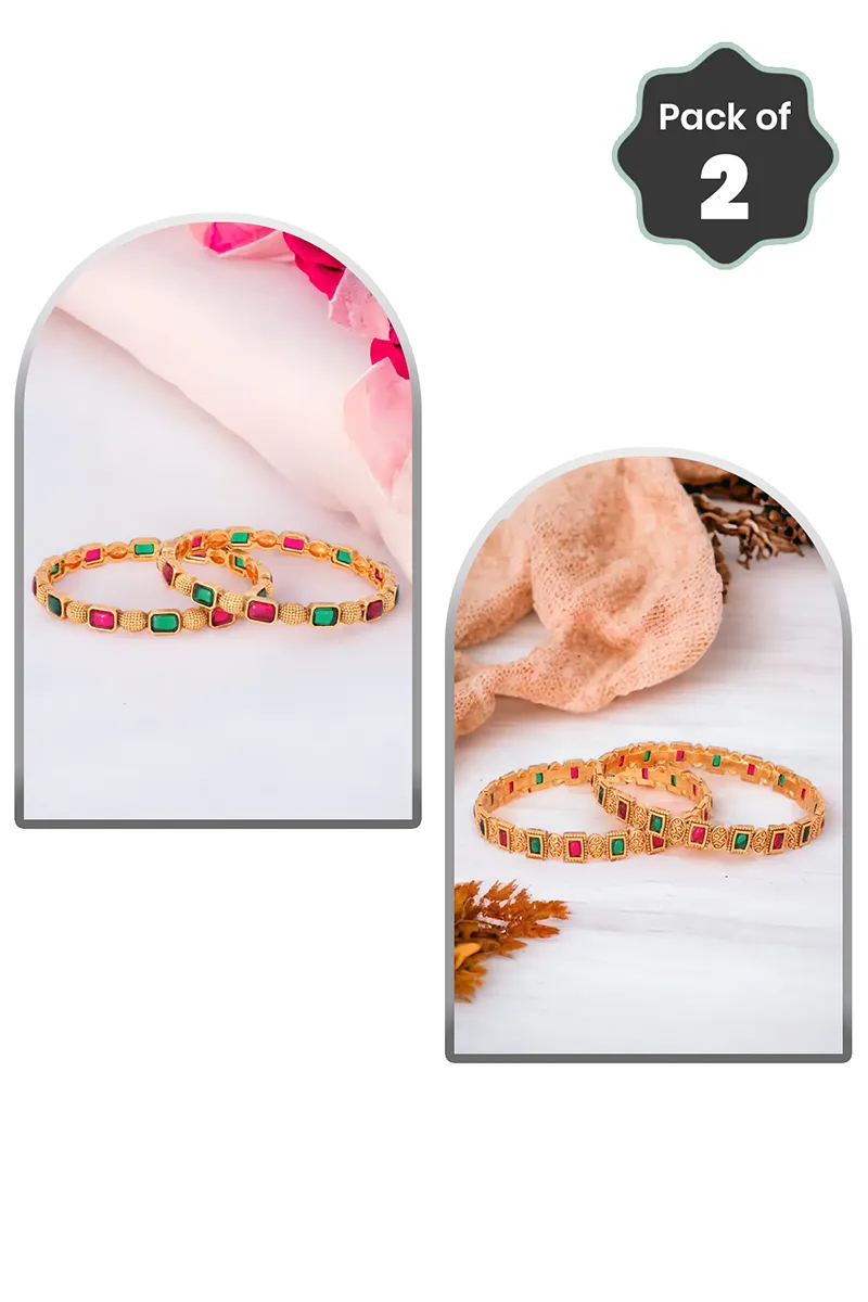 Gold Plated Red & Green Stones Bangles for Women - Combo of 2