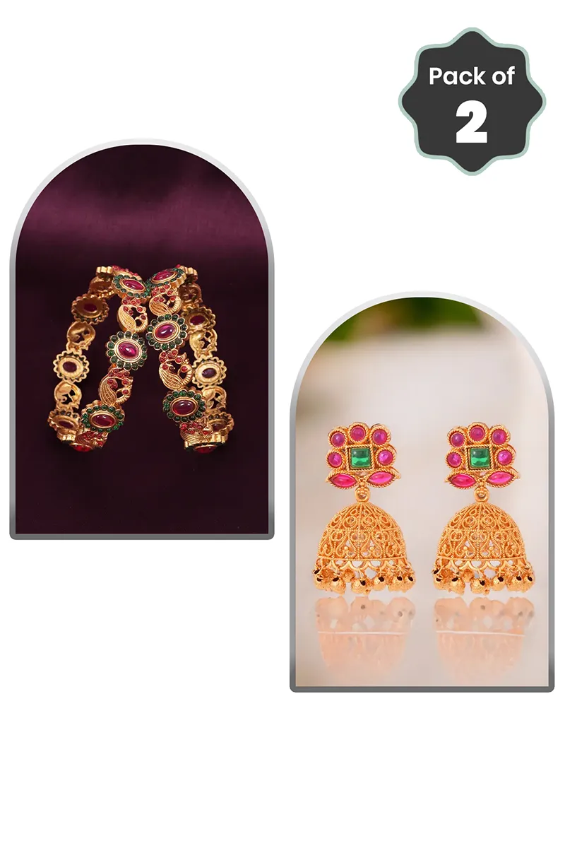 Floral Peacock Kada Bangle & Gold Jhumki Earrings for Women - Combo of 2 JWCOMBO0040MUL28