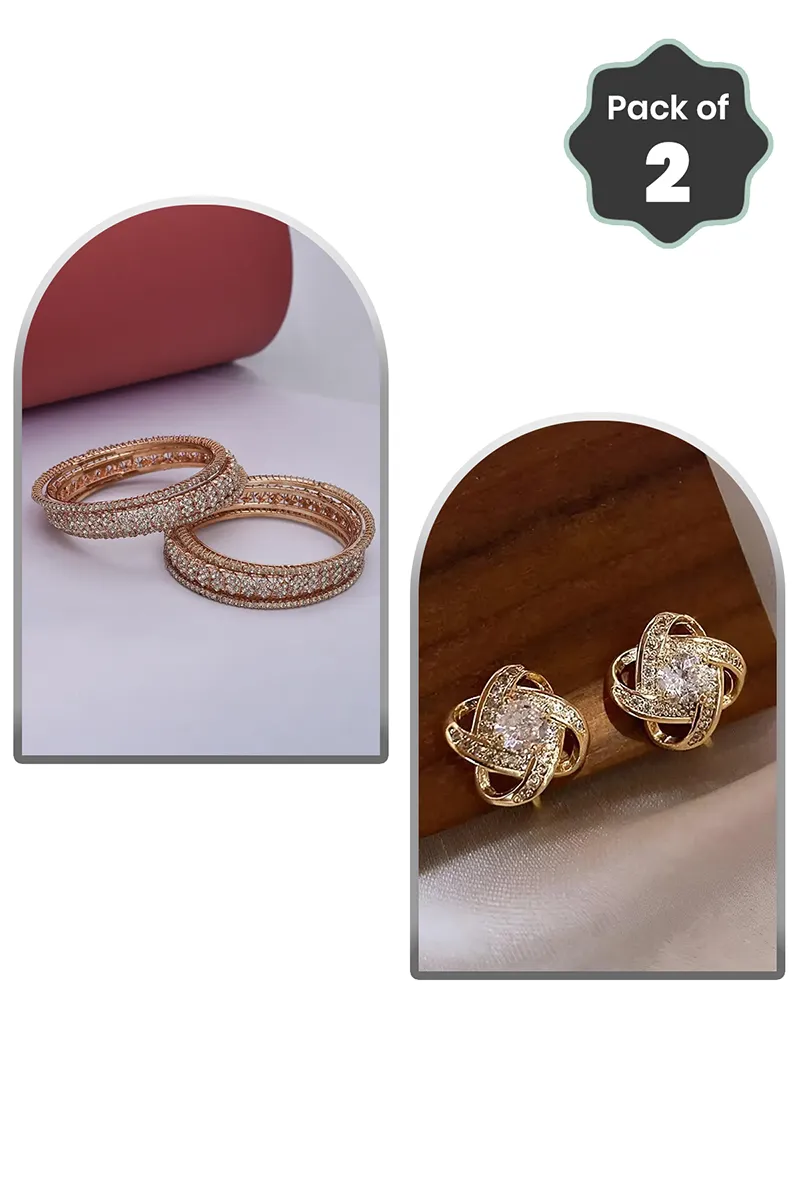 Sparkling CZ Bangles Set & Crystal Knot Earrings for Women - Combo of 2 JWCOMBO0042GOL28
