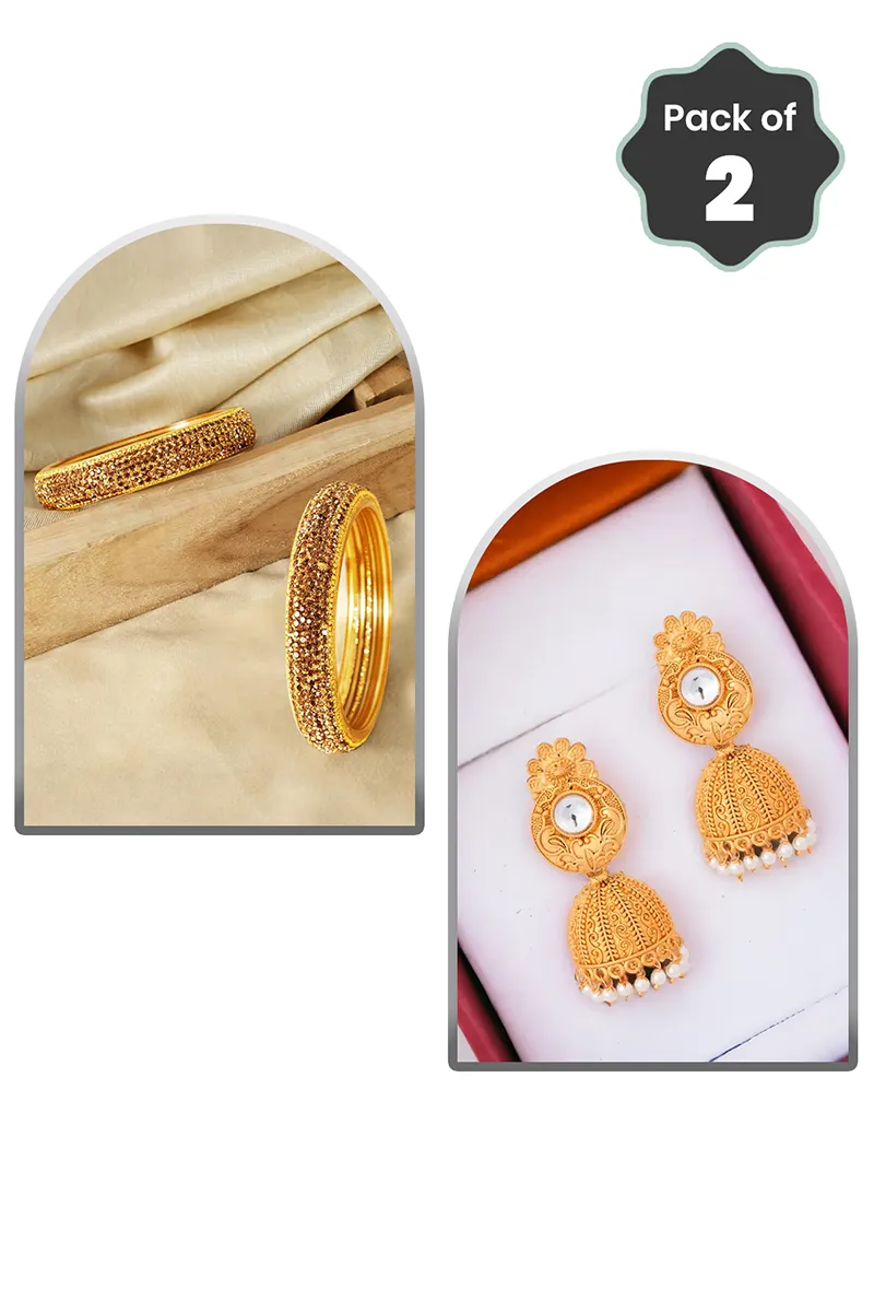 Glass Broad Bangle & Gold Plated Jhumka Earrings for Women - Combo of 2