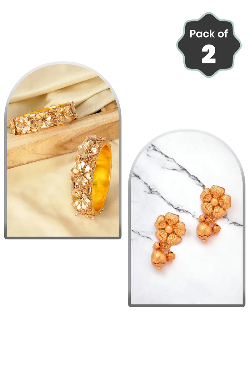 Cubic Zirconia Bangles & Floral Drop Earrings for Women - Combo of 2