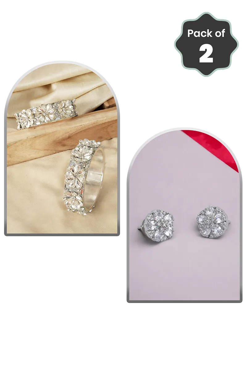 Silver Cubic Zirconia Bangles & Floral Stud Earrings for Women - Combo of 2 JWCOMBO0046SIL28