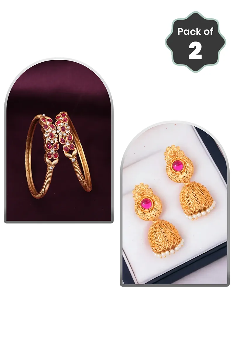 Floral Leaf Kada Bangles & Gold Plated Jhumka Earrings for Women - Combo of 2 JWCOMBO0047GOL28