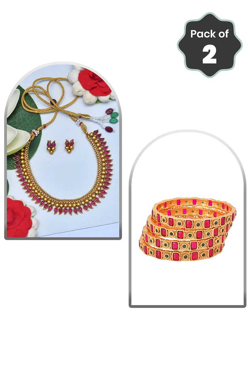 Paisley Kempu Necklace & Antique Stone Bangles for Women - Combo of 2 JWCOMBO0050MUL28