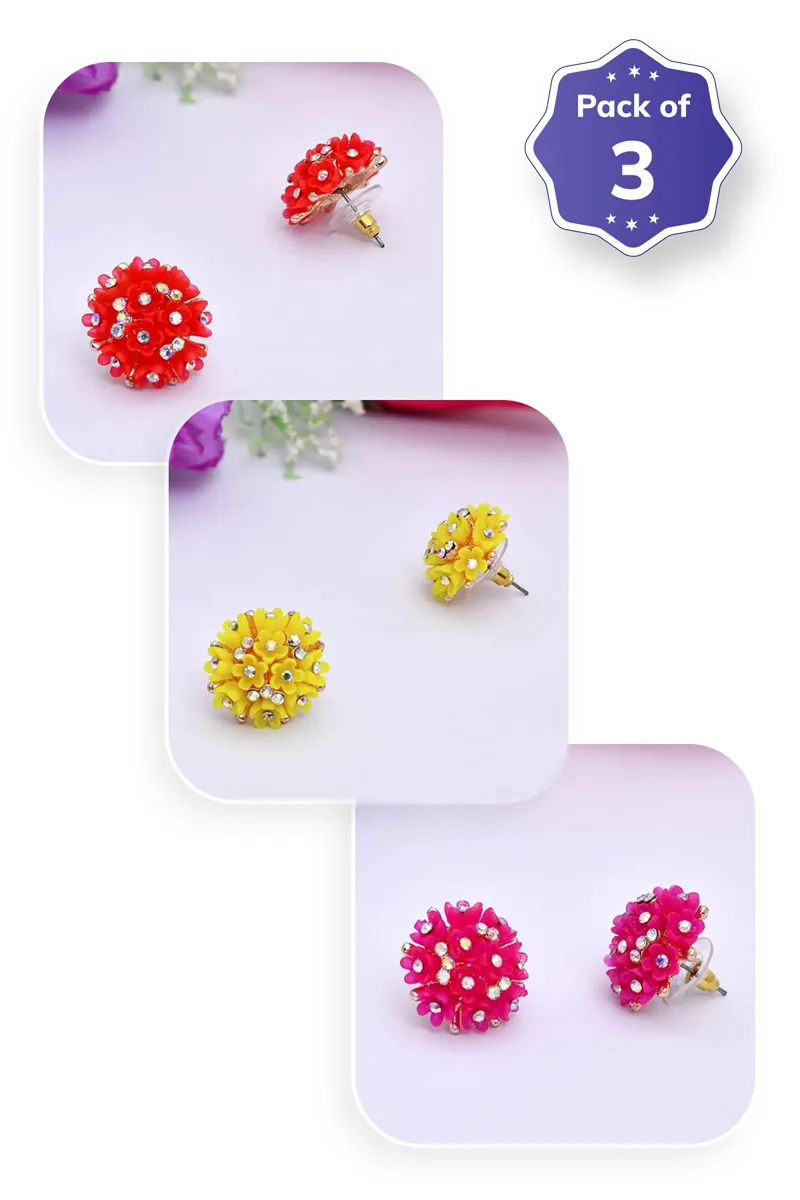 Rose Gold Floral Stud Earrings for Girls - Pack of 3