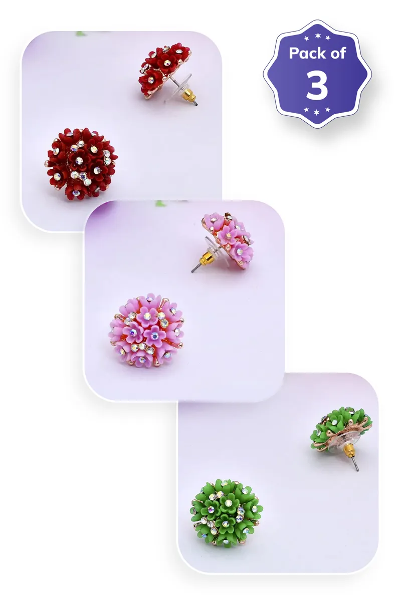 Rose Gold Floral Stud Earrings for Girls - Pack of 3
