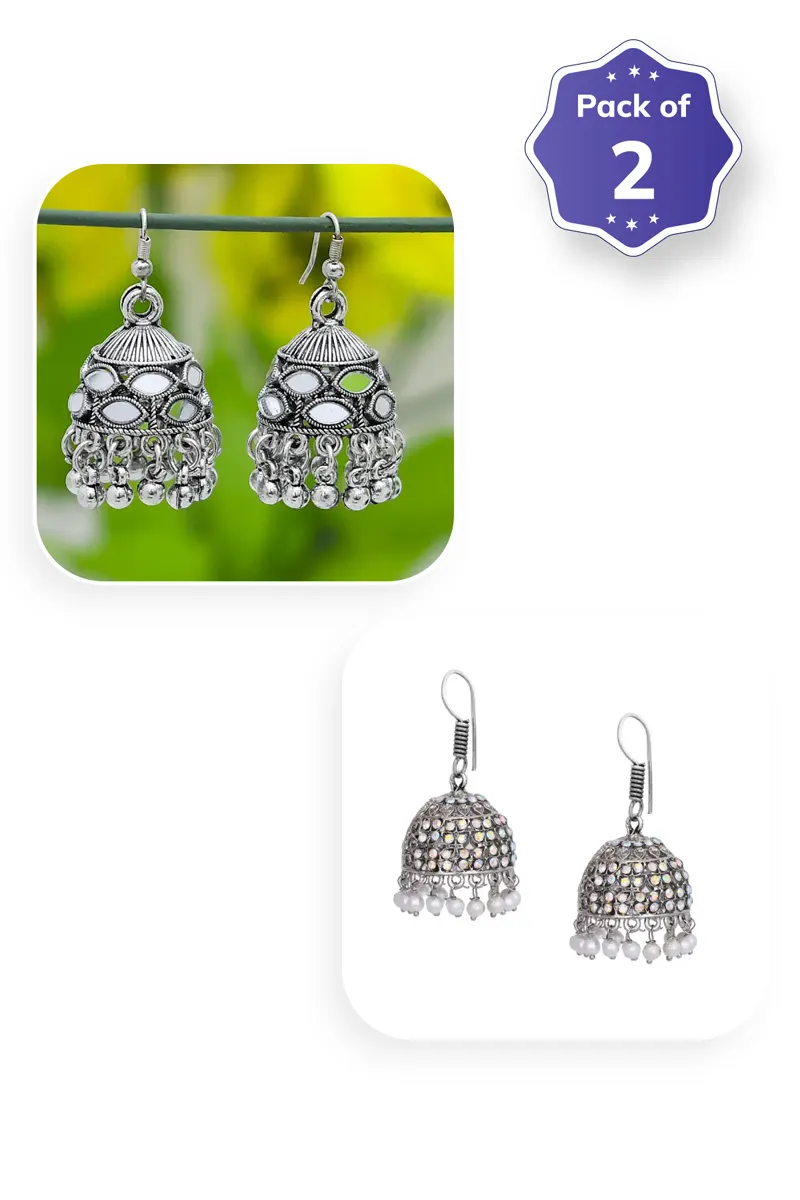 Silver Plated Fish Hooks Jhumki Earrings for Women - Combo of 2