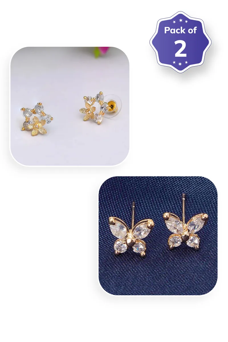 Floral & Butterfly Shape Stud Earrings for Girls - Combo of 2