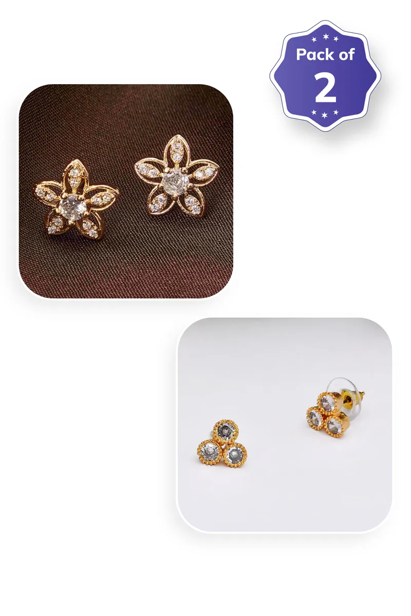 Gold Plated Floral & Three Stoned Stud Earrings for Girls - Combo of 2