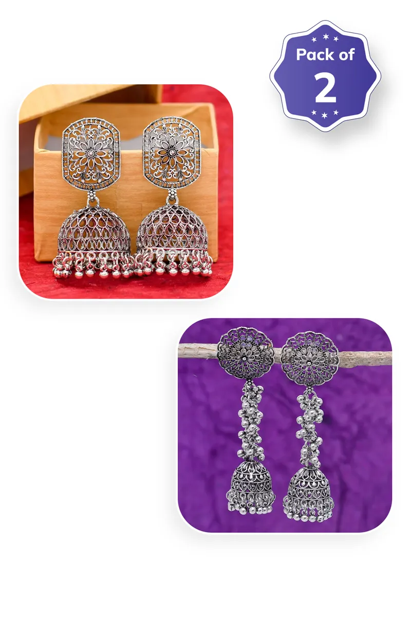 Oxidised Silver Floral Short & Long Jhumki Earrings for Women - Combo of 2