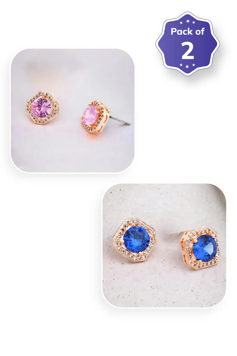 Rose Gold Gemstone Halo Stud Earrings for Girls - Pack of 2 JWCOMBO0091MUL