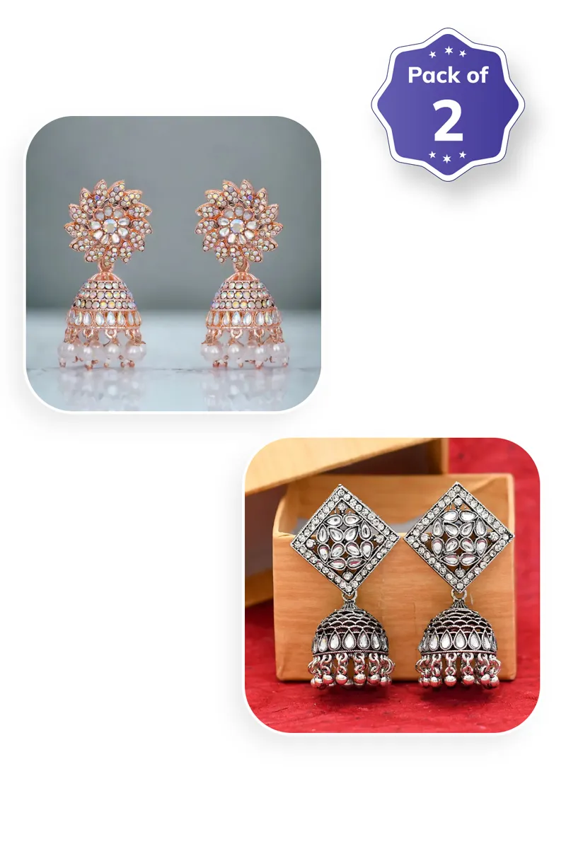 Floral & Diamond Shape Jhumki Earrings for Women - Combo of 2