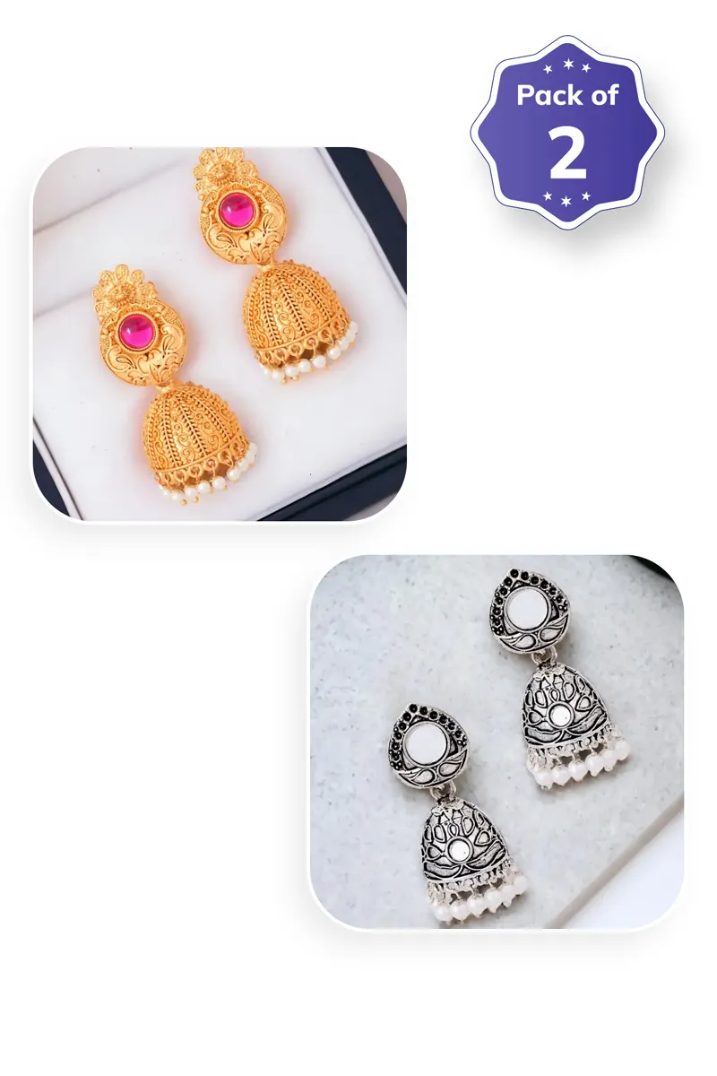 Gold Plated & Oxidized Silver Jhumki Earrings for Women - Combo of 2