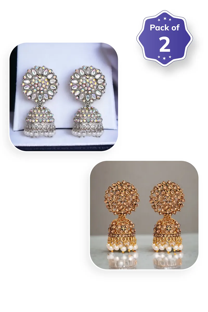 Kundan stone & Cubic Zirconia Floral Jhumki Earrings for Women - Pack of 2 JWCOMBO0126MUL