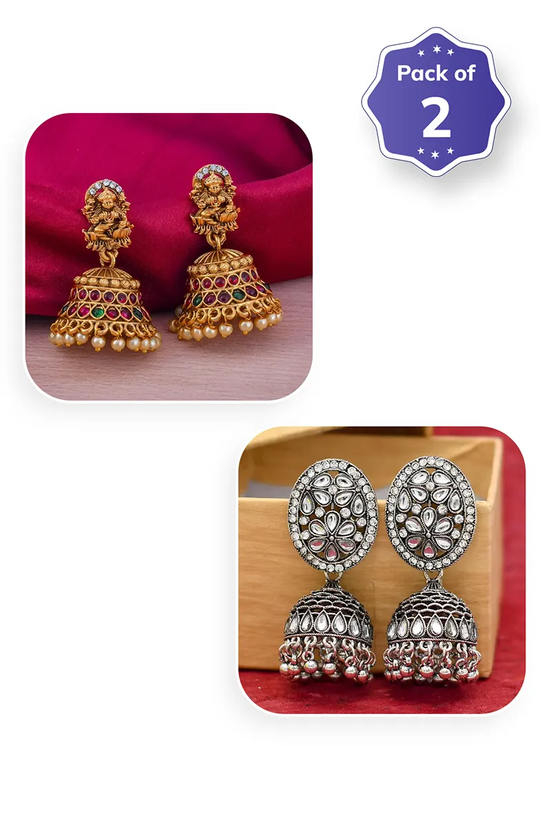 Gold Lakshmi & Oxidised Silver Floral Jhumki Earrings for Women - Combo of 2