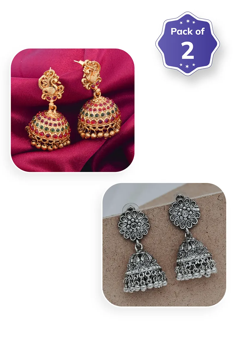 Gold Lakshmi & Oxidised Silver Floral Jhumki Earrings for Women - Combo of 2